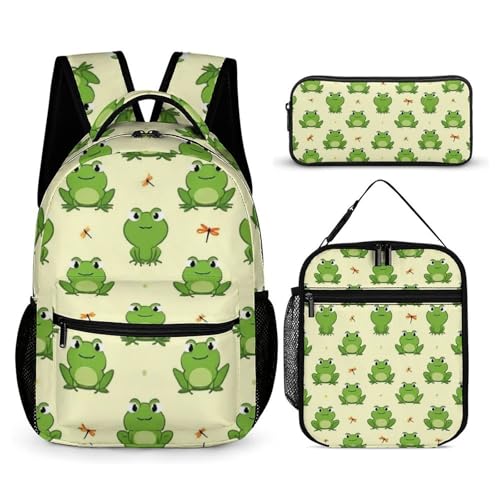 Backpack with Lunch Box & Cosmetic Bag Set Green Frog Animal Cute Frogs (1) Bookbag Daypack Set Backpack with Lunch Bag Storage Bags