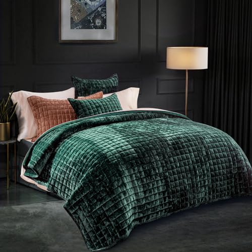 RECYCO Channel Box Stitch Velvet Quilt Set, Full Queen Size, Emerald Green