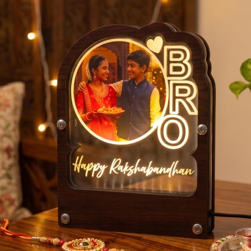 Image of lampees Personalised Rakshabandhan BRO LED Photo Frame Stand | Warm LED Illumination, Dark Wood & Acrylic, Custom Photo Upload