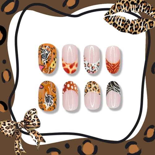 Image of Leopard Press on Nails French Tip Fake Nails Medium Almond False Nail Nude Glue on Nails Leopard Print Nail Press ons Artificial Acrylic Stick on Nail for Women Manicure 24Pcs