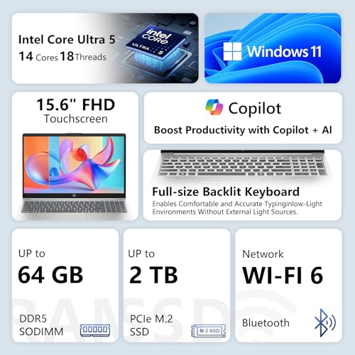 Image of HP 15.6 inch FHD Touchscreen Laptop Ultra 5 125H(>i7-1255U),32GB DDR5 1TB SSD | Backlit Keyboard&Numeric Keypad, Camera Shutter, Wifi 6, Windows 11 Pro for Business & Professional, Bundle Pconline Cooler