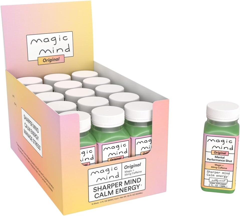 Magic Mind Energy And Focus Drink Shots - Stress Relieving, No Jitters, Ashwagandha, Vitamin B12, Vitamin C, Matcha Green Tea, Functional Mushrooms - 2 FL Oz (15 Pack)