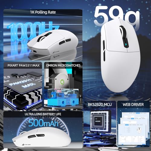 Image of ATTACK SHARK G3 PRO Wireless Gaming Mouse with RGB Charging Dock,2.4G /USB-C Wired /BT PAW3311 Optical Sensor 1K Polling Rate Adjustable 25K DPI,500mAh Battery Ultra Lightweight 59g Mice (White)