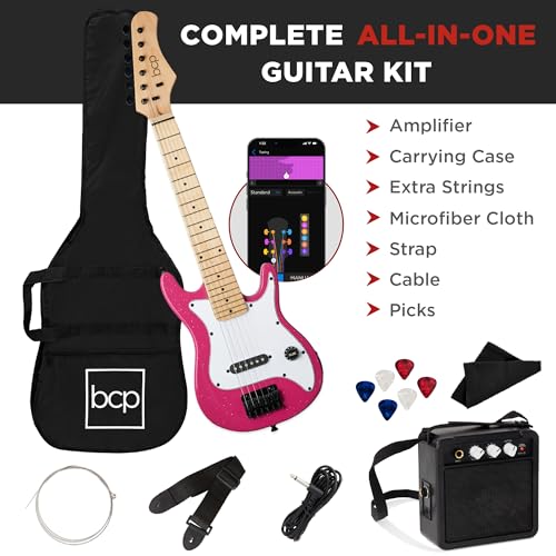 Image of Best Choice Products 30in Kids Electric Guitar Beginner Starter Kit w / 5W Amplifier, Strap, Gig Bag, Strings, Picks - Pink Sparkle