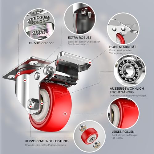 Deutnart Schwerlastrollen 50mm Möbelrollen mit Bremsen, [4 Stk bis 320kg] Lenkrollen Set Leise Schwenkrollen Polyurethan Transportrollen ohne Spuren Industrietransport und Logistik