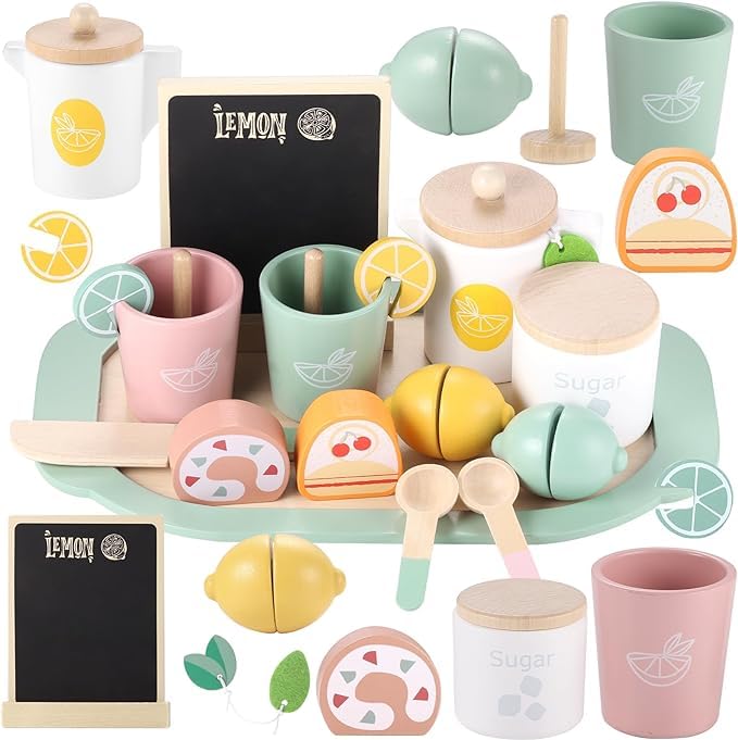 Tea Party Set, Toddler Wooden Tea Set Toys, Toddler Lemon Tea Set, Pretend Play Kitchen Accessories for Kids, Wooden Toys with Desserts Cake for 2 3 4 5 6 Year Old Girl Birthday