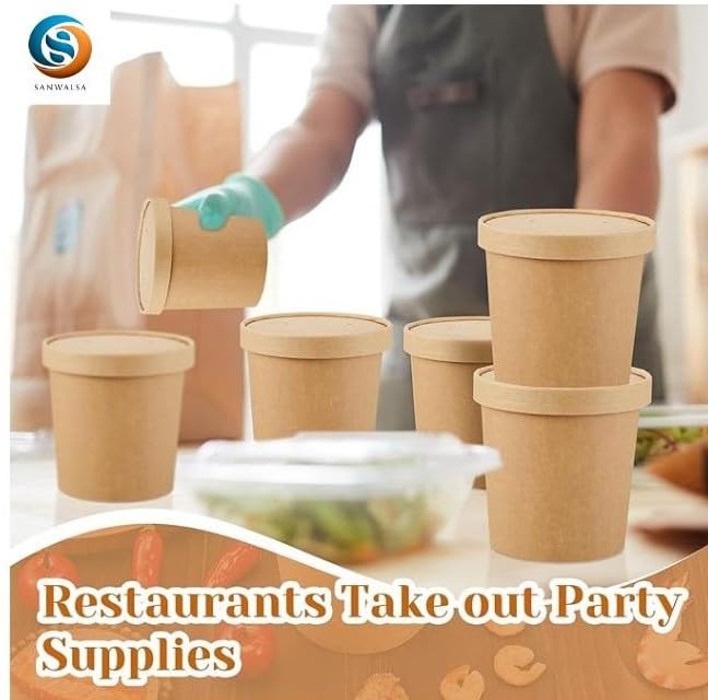 Image of [750 ml, 25 Count, Brown Disposable Kraft Paper Container with Lid | Eco-Friendly Bowl /Tub for Picnic, Travel, Food Truck | Ideal for Both Hot & Cold Food