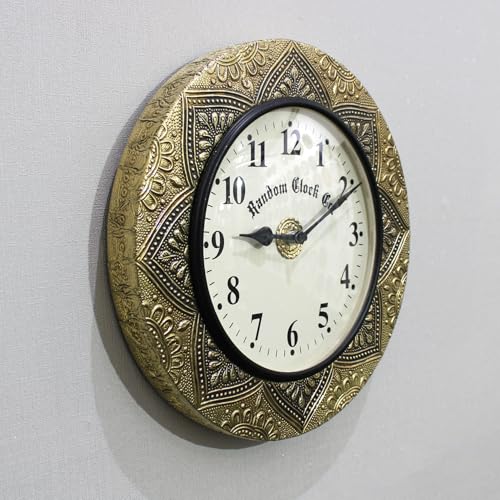 Image of RANDOM Brass Decorative Sweep Silent Wall Clock, Antique Gold, Embossed Mandala Frame, Round, Vintage Style 30 cm for Home Office