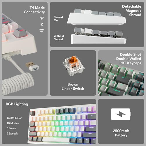 Image of TECWARE Phantom+ Elite 87 Key RGB Mechanical Gaming Keyboard | 3-Mode Wireless Bluetooth 5.0, 2.4GHz & USB-C Wired | Hot-Swappable 5-Pin | Double-Shot PBT Keycaps | Wraith Brown Switch - White