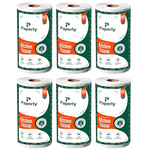 Image of 2Ply Kitchen Tissue Roll | 100% Natural Virgin Cellulose Fiber | Soft and Highly Absorbent Paper Towel For Kitchen Home and Office | Eco Friendly Disposable Napkins | 60 Sheets Per Roll Pack 6