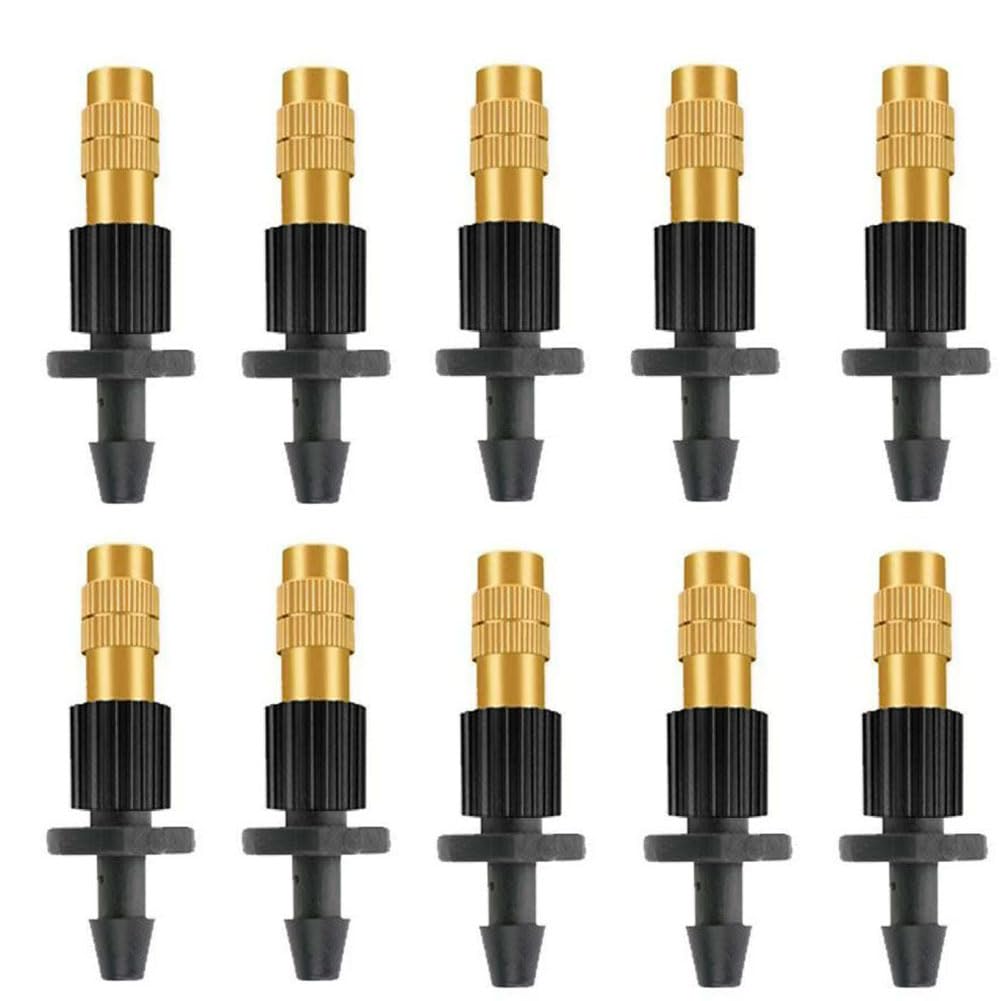 SXITHGKDW Adjustable Sprinkler with Micro Spray Mister Emitters, Copper Misting Nozzle Set for 4/7mm Hose Low Pressure Atomizing Sprayer 10pcs Brass Nozzle + Single Barb