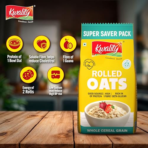 Image of Kwality Rolled Oats 1kg Pouch | Wholegrain Oatmeal for Healthy Breakfast | High Fiber & Protein | Gluten-Free | No Added Sugar | Weight Management Friendly | Quick Cooking