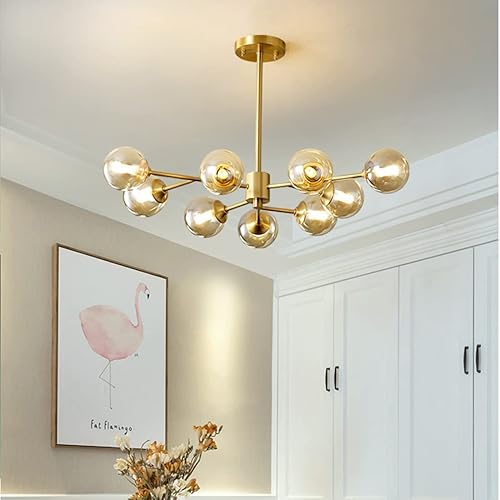 Lámpara colgante lineal de latón dorado de 9 luces, lámpara colgante de globo de cristal, molécula de frijol mágico, lámpara de techo colgante para