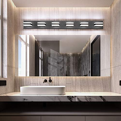 Image of SOLFART Bathroom Light Feature Modern LED Dimmable Matt Black Bathroom Vanity Light 6 Lights Acrylic Vanity Light Over Mirror ETL Listed