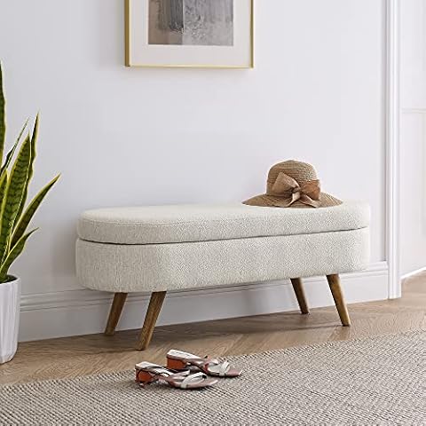 Kakotito Oval Storage Bench with Solid Rubber Wood Legs, Cozy Ottoman with Linen Fabric Upholstered, Short Storage Ottoman (Beige) Cover