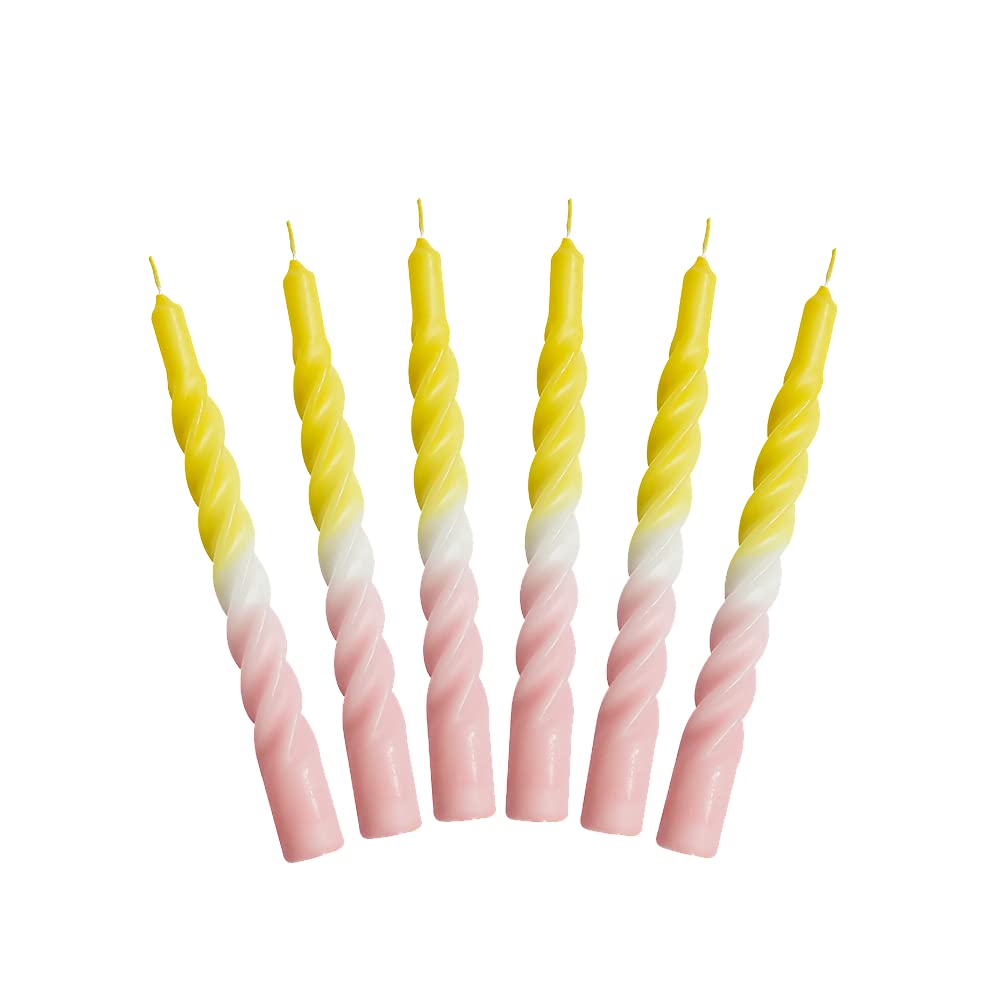 Kunstindustrien Yellow-Pink-White Candles With A Twist, Yellow And Pink With A White Belt Twisted, Multi-Coloured, Unscented Candles, 6 Pcs.