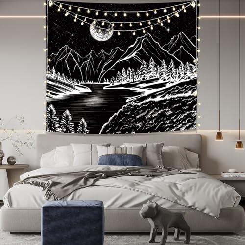 Avinyl Black And White Mountain Tapestry For Bedroom, Starry Night Forest Nature Tapestries Wall Hanging thumb #2