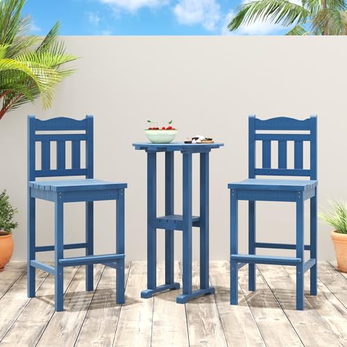 Sundale Outdoor 3-Piece Adirondack Bar Set, Patio Counter Height Adirondack Tall Chairs Set of 2 and Round Side Table, High Top HDPE Stools and Pub Bistro Dining Furniture for 2, Navy Blue