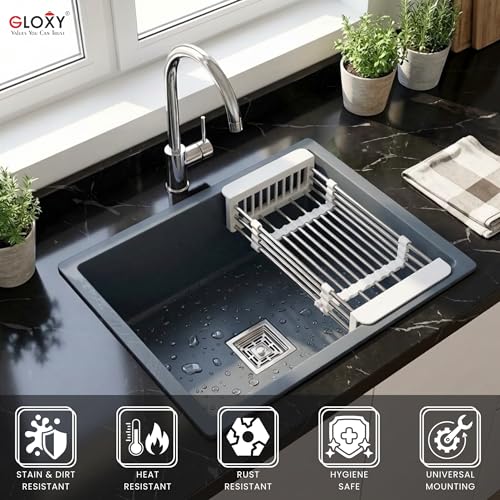 Image of Gloxy Premium Granite Quartz Kitchen Sink 16 inch x 18 inch x 9 inch - Grey Matte Finish Quartz Sink with Coupling Pipe and Drain Basket - Single Bowl Sink Undermount /Topmount Installation - 3 Years Warranty