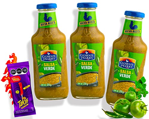 Salsa Verde Salsa Picante Set - (Pack de 3) Salsa Verde Hot Sauce Set/Tomate Chile Salsa de México Clemente Jacques Plus Takis Fuego Lollipop
