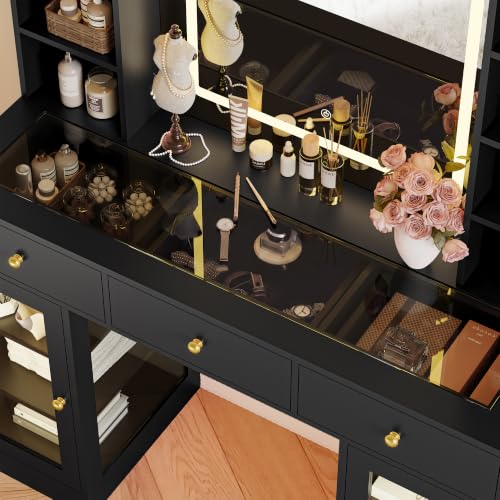 Image of Makeup Vanity Desk with Mirror and Lights, 43 inch Black Vanity with Glass Top, Jewelry Storage, 3 Drawers & Glass Cabinets, Power Outlet & Adjustable LED Lights, Dressing Table for Women & Girls Bedroom