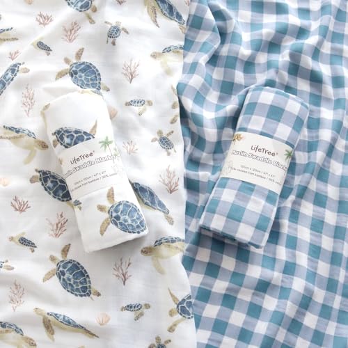 Image of LifeTree Baby Swaddle Blankets, Boys Girls Muslin Swaddling Wrap Receiving Blanket for Newborn, 70% Viscose from Bamboo and 30% Cotton, Large 47 inch x 47 inch, Sea Turtle and Blue Checkered