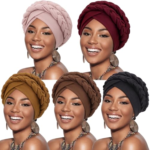 Image of DRESHOW African Women Turban Caps Beanie Twist Headscarf Pre-Tied Double Twisted Braids Headwraps for Women Chemo Cancer Cap