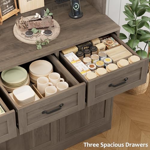 Image of HOSTACK Kitchen Pantry Storage Cabinet, Kitchen Hutch Cabinet, Ash Gray | 47 inchW Food Pantry Cabinet with Smart LED / Charging Station / Countertop / 3 Large Drawers, 72 inchH Storage Hutch for Dining Room