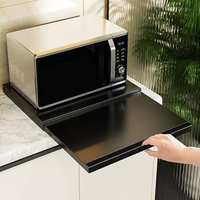 Sliding Tray for Coffee Maker, Countertop Storage Slider Microwave Oven Sliding Tray Carbon Steel Pull Out Organizer Shelf for Kitchen Appliances (Black)