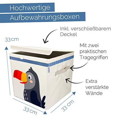 GLÜCKSWOLKE Kinder Aufbewahrungsbox - 15 Motive I Spielzeugkiste mit Deckel für Kinderzimmer I Spielzeug Box Tukan (33x33x33) zur Aufbewahrung im Kallax Regal I Dschungel Kiste (Toni Tukan)