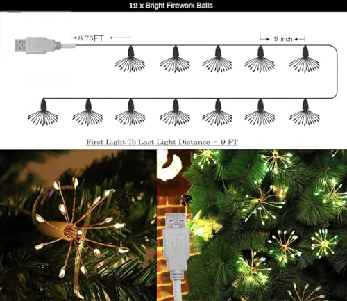 Image of Desidiya 12 Bright Starbursts Design Sparkle 10 feet LED Light with USB Operated for Diwali Decoration Christmas, Wedding, Party, Home, Patio Lawn Warm White