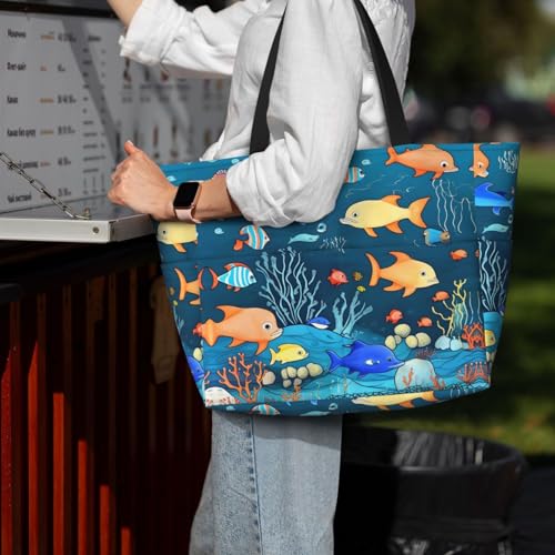 Blue underwater world of fish Large Capacity Beach Travel Bag, Foldable Beach Bag with Zipper, Great for Grocery Bag Pool Gym Travel Shopping 7