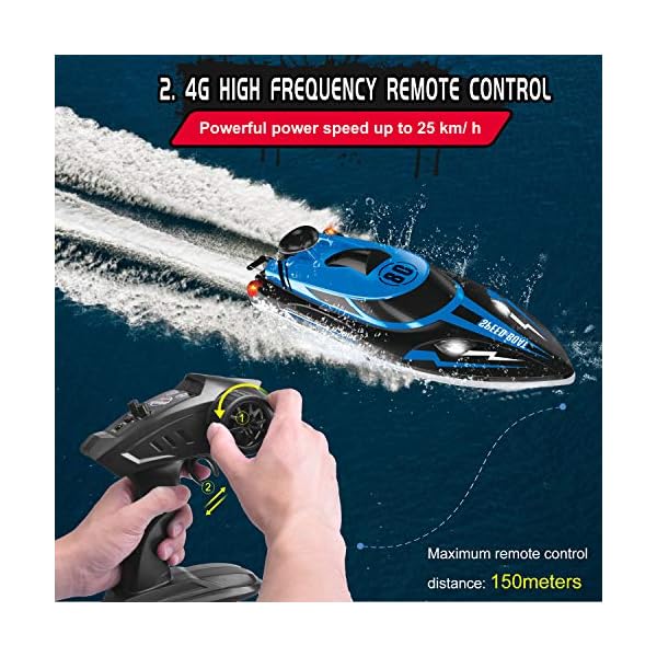 ETEPON Ferngesteuertes Boot, 2,4 GHz 25KM/H Hochgeschwindigkeit RC Boot für Pools und Seen, 180°Auto Flip Wasserdichtes Rennboot Spielzeug (Blau) – Bild 3
