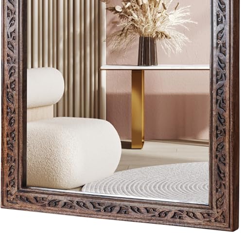 Image of Wooden Bathroom Wall Mirror 30 inchx18 inch - Solid Wood Frame, Burnt Brown | Vanity Mirror, Farmhouse Decorative Wall Mirror for Bathroom, Bedroom, Living Room & Entryway, Vertical /Horizontal Hanging