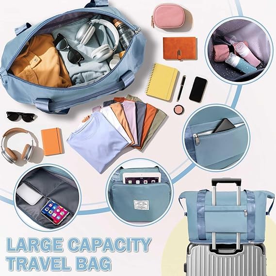 MECHDEL 41 Litre Expandable Nylon Travel Bags for Women/Duffle Bags for Women Luggage/Foldable Vanity Travelling Handbags/Waterproof Hand Bag for Ladies Personal Items (Blue Haze)| Made in India 6