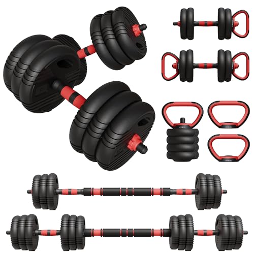 ARIBEC - Juego de Pesas y Mancuernas Ajustables de 10kg 15kg 20kg 25kg 6 en 1 con Barra Pesas Kettlebell Soporte para Flexiones y Cierre de Seguridad ideal Gimnasio en Casa (20KG NEGRO)