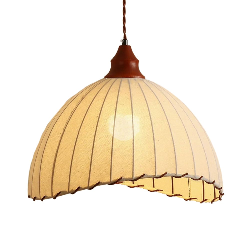 LQZCXMF 13.7'' Fabric Pendant Light for Farmhouse Foyer Hanging Lamp Walnut Wood Accent Light Fixture Retro Home Decoration Handmade Dining Room Lamp for Over Table Kitchen Living Room Bedroom