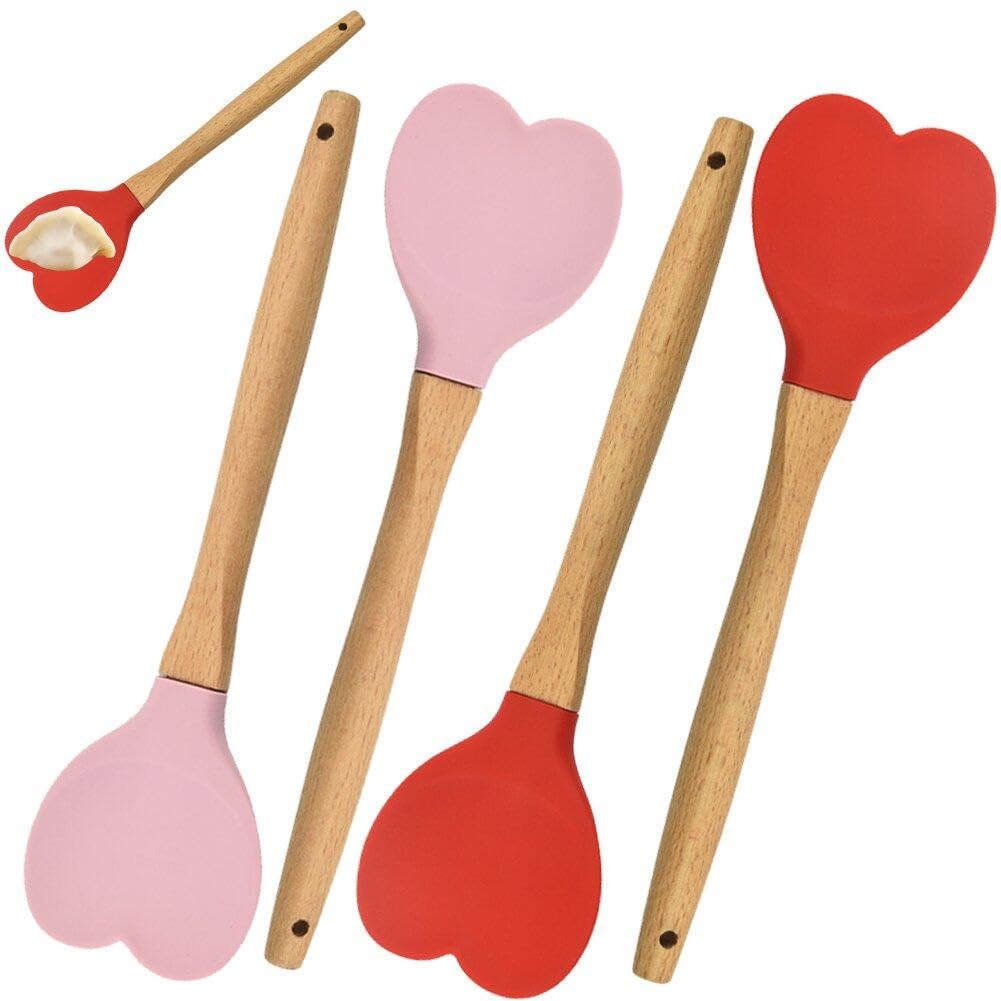 Set 4 Cucchiai In Silicone Con Manico In Legno A Forma Di Cuore: Palette Da Cucina Antiaderenti, Ideali Per Mescolare E Servire