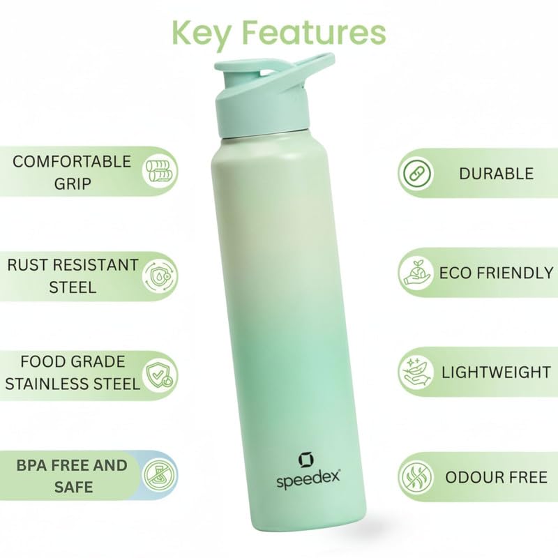 Image of Speedex Stainless Steel Water Bottle 1 Ltr, Leak Proof Sipper Cap, BIS Approved 1000 ml Metal Bottle For Daily, Office, School, Gym, Travel Use for Men, Women, Kids, Adults, Dual Green, Set of 2