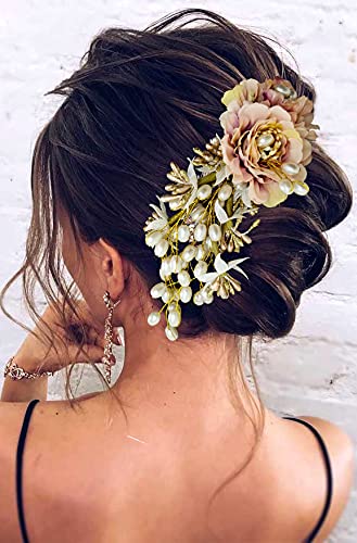 Image of Hair Flare Artificial Peony Flower with Pearl Hair Comb Slide, Hair Juda Bun Accessories, Side Hair Pin for Girls & Women, Peach, 2216