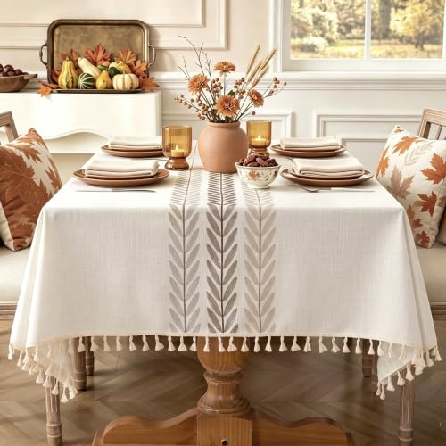 Image of Laolitou Rectangle Embroidered Tablecloth with Tassels 55x102 Inch