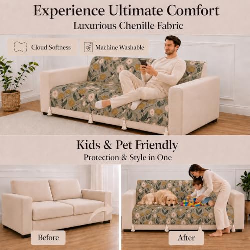 Image of STITCHNEST 'Eden Weaves Collection Series' 3 Seater Sofa Cover - Full Coverage| Elegant Woven Fabric, Decorative Tassels, Washable & Durable for Modern Living