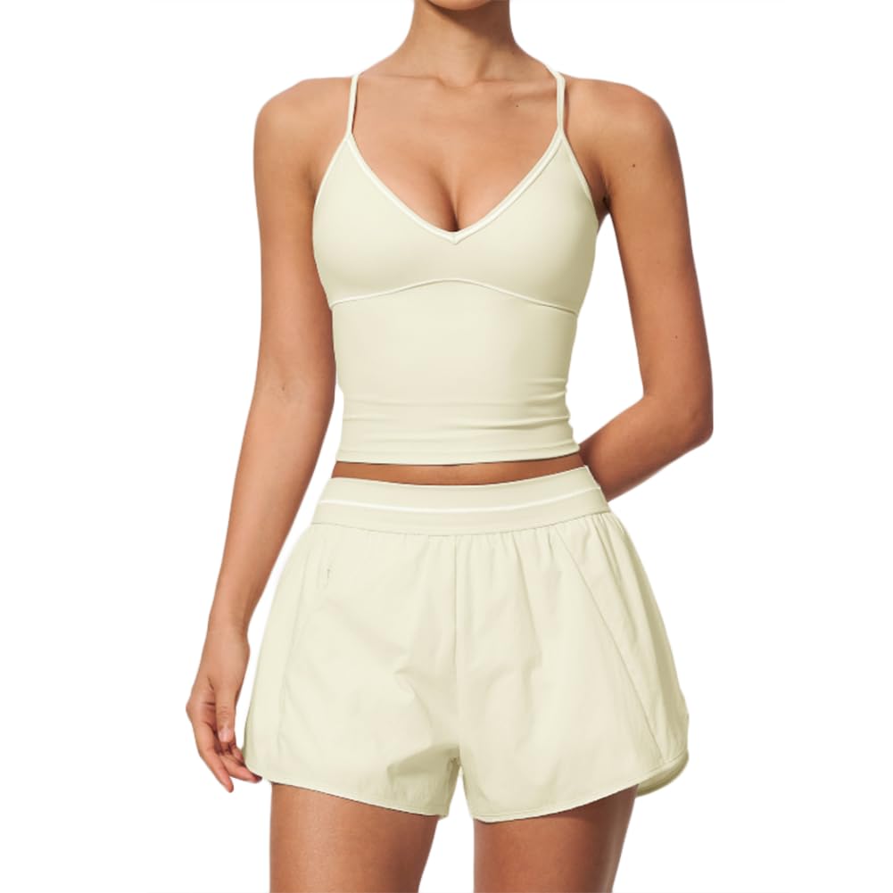Conjunto deportivo 2 piezas camiseta halter escote V de secado rápido | Conjunto camiseta deportiva halter escote V y shorts deportivos 2 en 1 de talle alto, costuras en contraste, tela de secado r