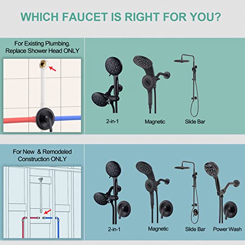 Image of SR SUN RISE Shower System with 3-spray Rain Shower and 6-Setting Handheld Combo 1.8 GPM Shower Faucets Sets Complete with Adjustable 27.6 inch Slide Bar Shower Fixtures Valve Include, Matte Black