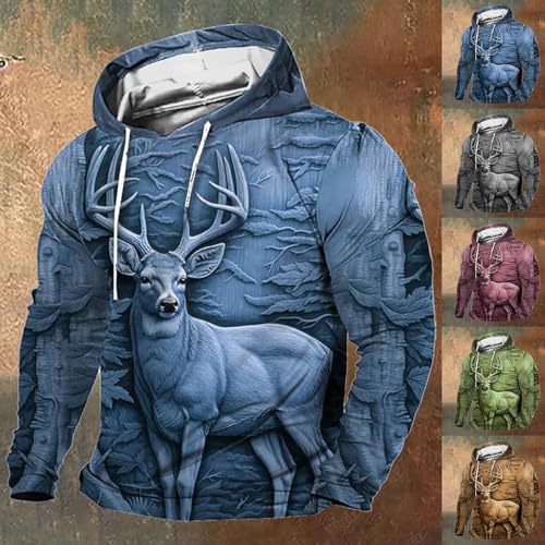 Men's Retro Outdoor 3D Engraved Deer Hunting Print Hooded Sweatshirt Animal 3D Printed Hoodies Casual Pullover Shirt3