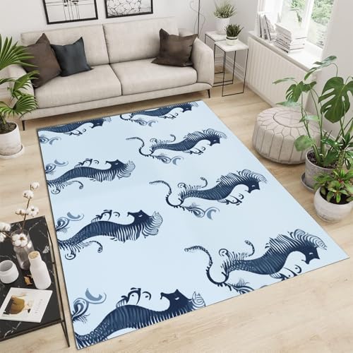 Moquette lavable grand format bleu ciel motif hippocampe 2x3m