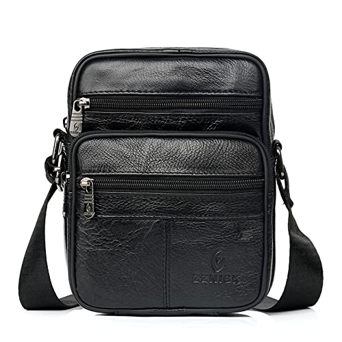 Bolso de hombro para hombre en cuero genuino negro con solapa retro