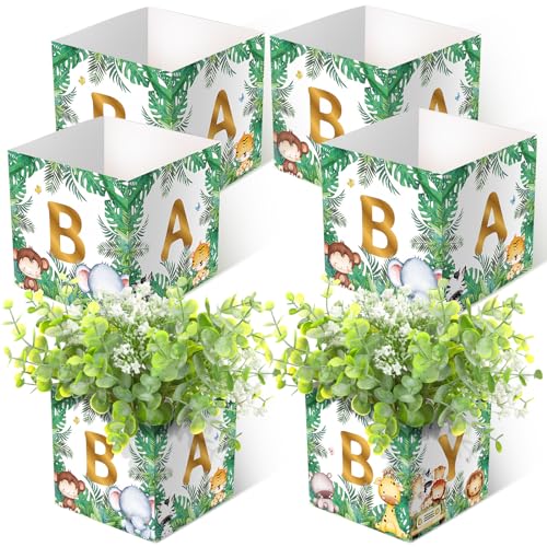 6 Pcs Jungle Animals Baby Shower Decorations Girl Baby Flower Boxes Centerpiece Honey Floral Leaf Rustic Table Display with Letters Gender Reveal Decoration Arrangement Favor Block Holder for Birthday