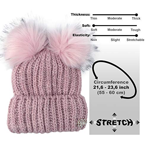 Braxton Beanie Women - 2 Pom Cable Knit Winter Warm Fleece Hat - Wool Snow Cuff Pink Ski Cap #TOP3
