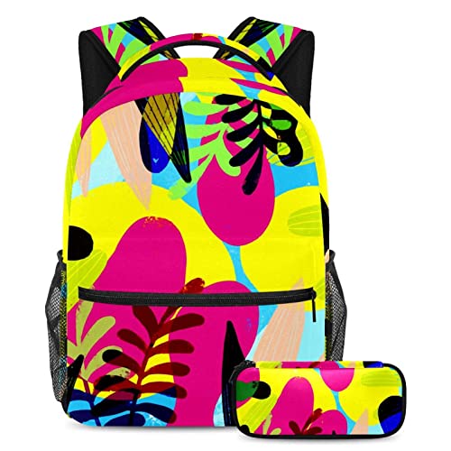 Sac à dos de voyage avec étui à stylos pour filles et garçons motif feuilles tropicales